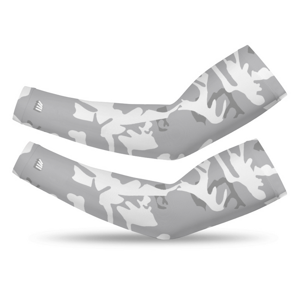 Athletic sports compression arm sleeve for youth and adult football, basketball, baseball, and softball printed with camo gray and white
