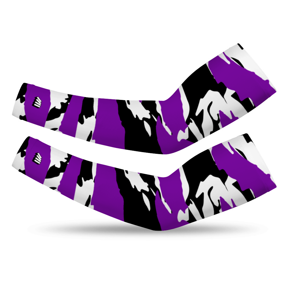 Athletic sports compression arm sleeve for youth and adult football, basketball, baseball, and softball printed with predator purple, black, and white Colorado Rockies