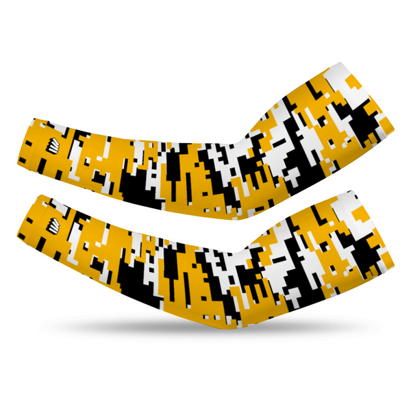 Athletic sports compression arm sleeve for youth and adult football, basketball, baseball, and softball printed with digicamo black, yellow, white