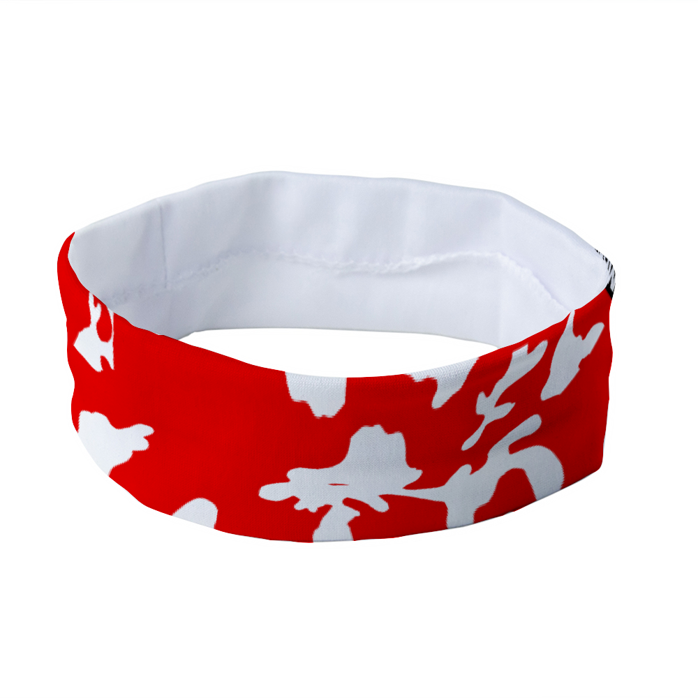 Athletic sports sweatband headband for youth and adult football, basketball, baseball, and softball printed in camo red and white colors