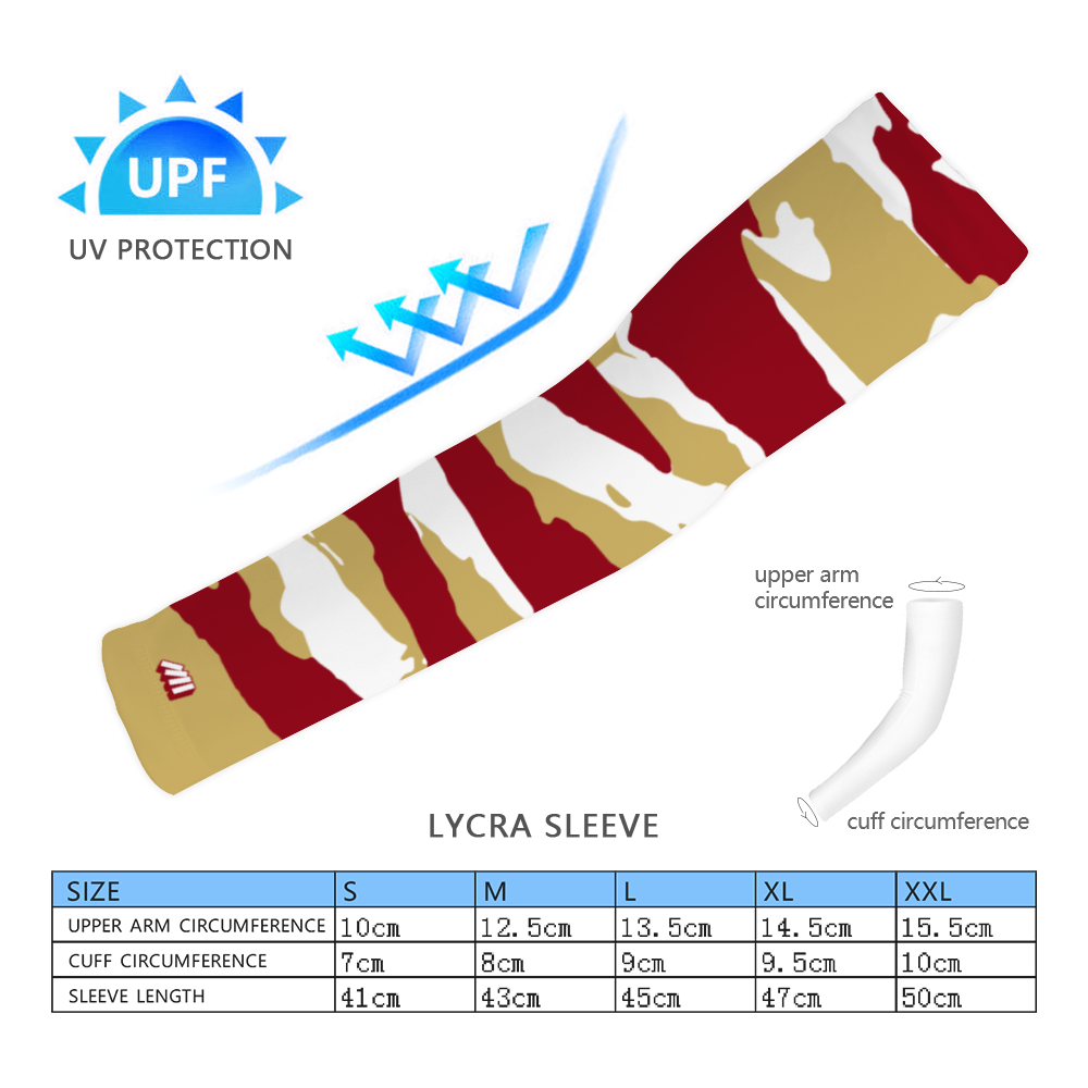 Athletic sports compression arm sleeve for youth and adult football, basketball, baseball, and softball printed with maroon, gold, and white colors Florida State Seminoles.