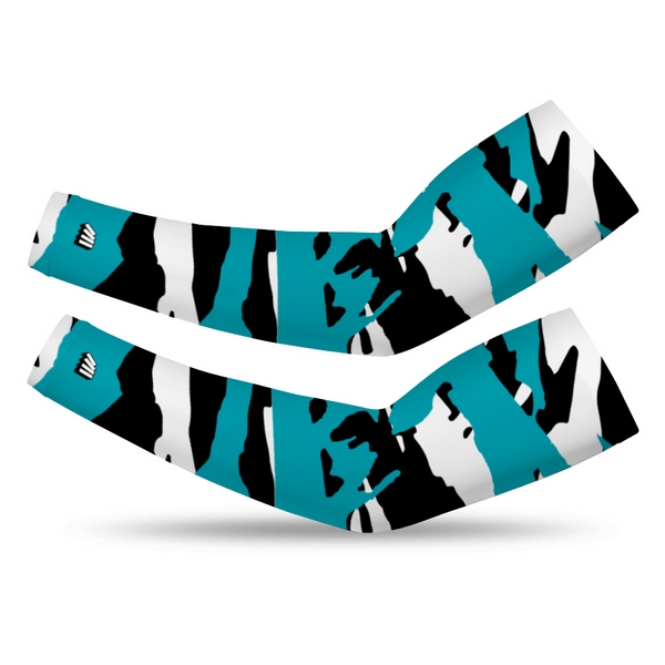 Athletic sports compression arm sleeve for youth and adult football, basketball, baseball, and softball printed with aqua, black, and white Florida Marlins