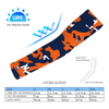 Athletic sports compression arm sleeve for youth and adult football, basketball, baseball, and softball printed with camo navy blue, orange, white