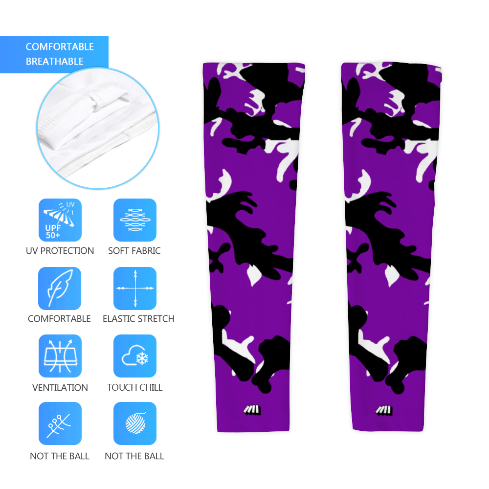 Athletic sports compression arm sleeve for youth and adult football, basketball, baseball, and softball printed with camo purple, black, white