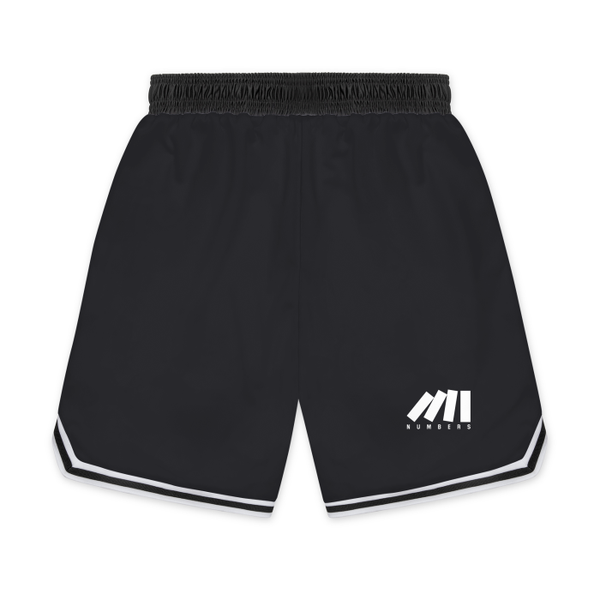 Retro throwback basketball striped trim short shorts for sports like basketball, athletic performance, gym workout, training, etc. printed with black and white