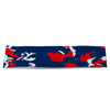 Athletic sports sweatband headband for youth and adult football, basketball, baseball, and softball printed with camo navy blue, red, and white colors. 