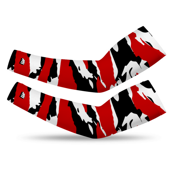 Athletic sports compression arm sleeve for youth and adult football, basketball, baseball, and softball printed with red, black, and white colors