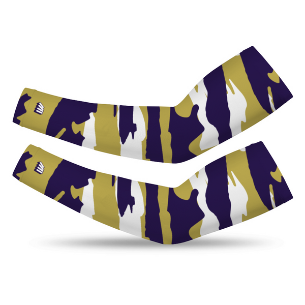 Athletic sports compression arm sleeve for youth and adult football, basketball, baseball, and softball printed with purple, gold, and white colors.