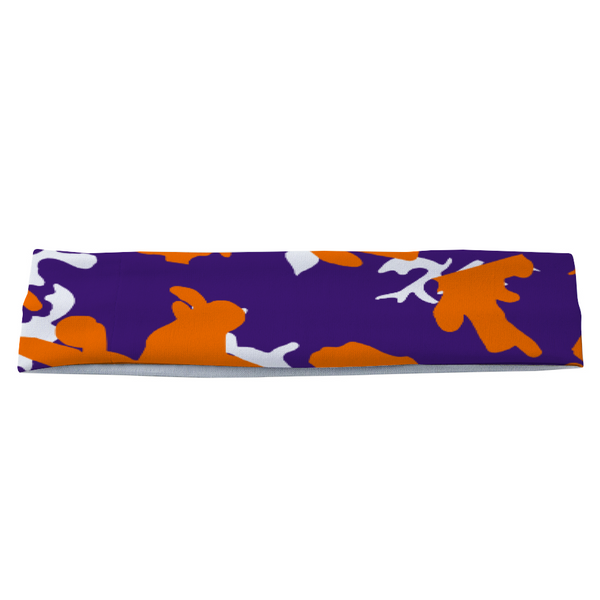 Athletic sports sweatband headband for youth and adult football, basketball, baseball, and softball printed in camo purple, orange, white colors
