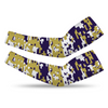 Athletic sports compression arm sleeve for youth and adult football, basketball, baseball, and softball printed with digicamo purple, gold, white Washington Huskies colors