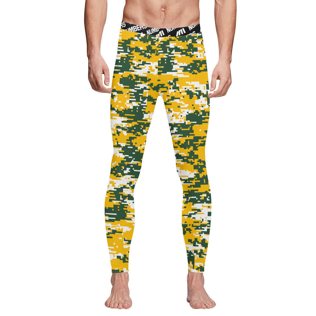 Athletic sports compression tights for youth and adult football, basketball, running, etc printed with digicamo green, yellow, white Green Bay Packers colors