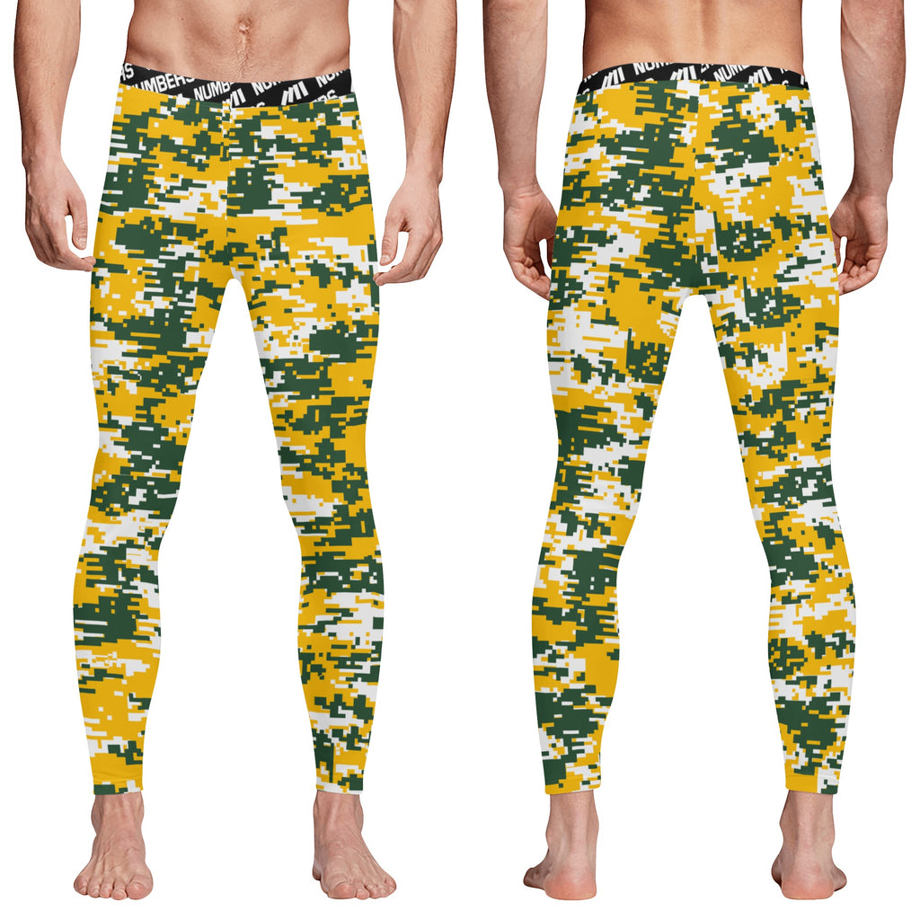 Athletic sports compression tights for youth and adult football, basketball, running, etc printed with digicamo green, yellow, white Green Bay Packers colors