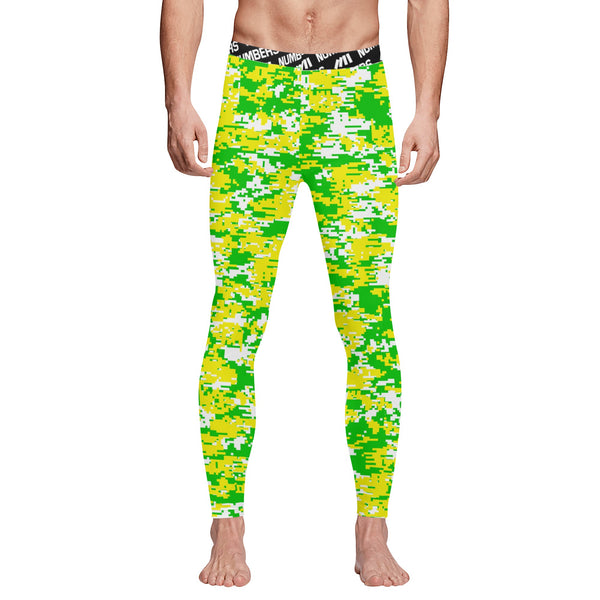 Athletic sports compression tights for youth and adult football, basketball, running, track, etc printed with digicamo neon green, yellow, white Oregon Ducks colors