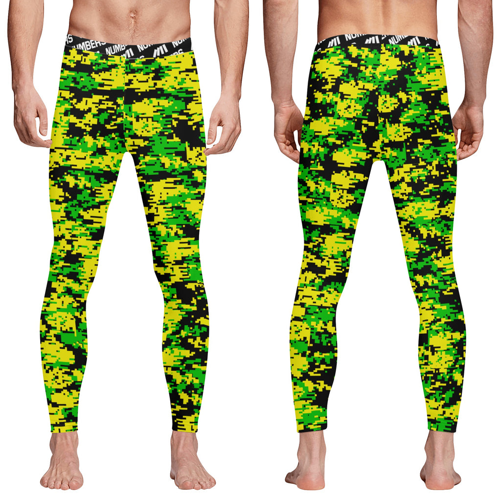 Athletic sports compression tights for youth and adult football, basketball, running, track, etc printed with digicamo green, yellow, black Oregon Ducks colors