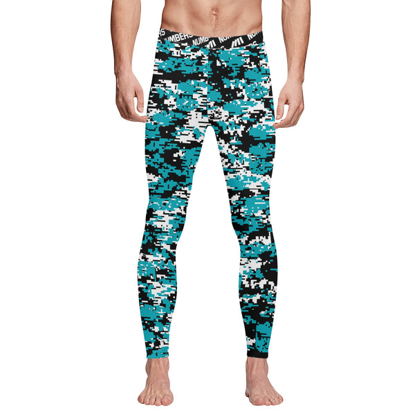 Athletic sports compression tights for youth and adult football, basketball, running, track, etc printed with digicamo turquoise, black, white San Jose Sharks colors
