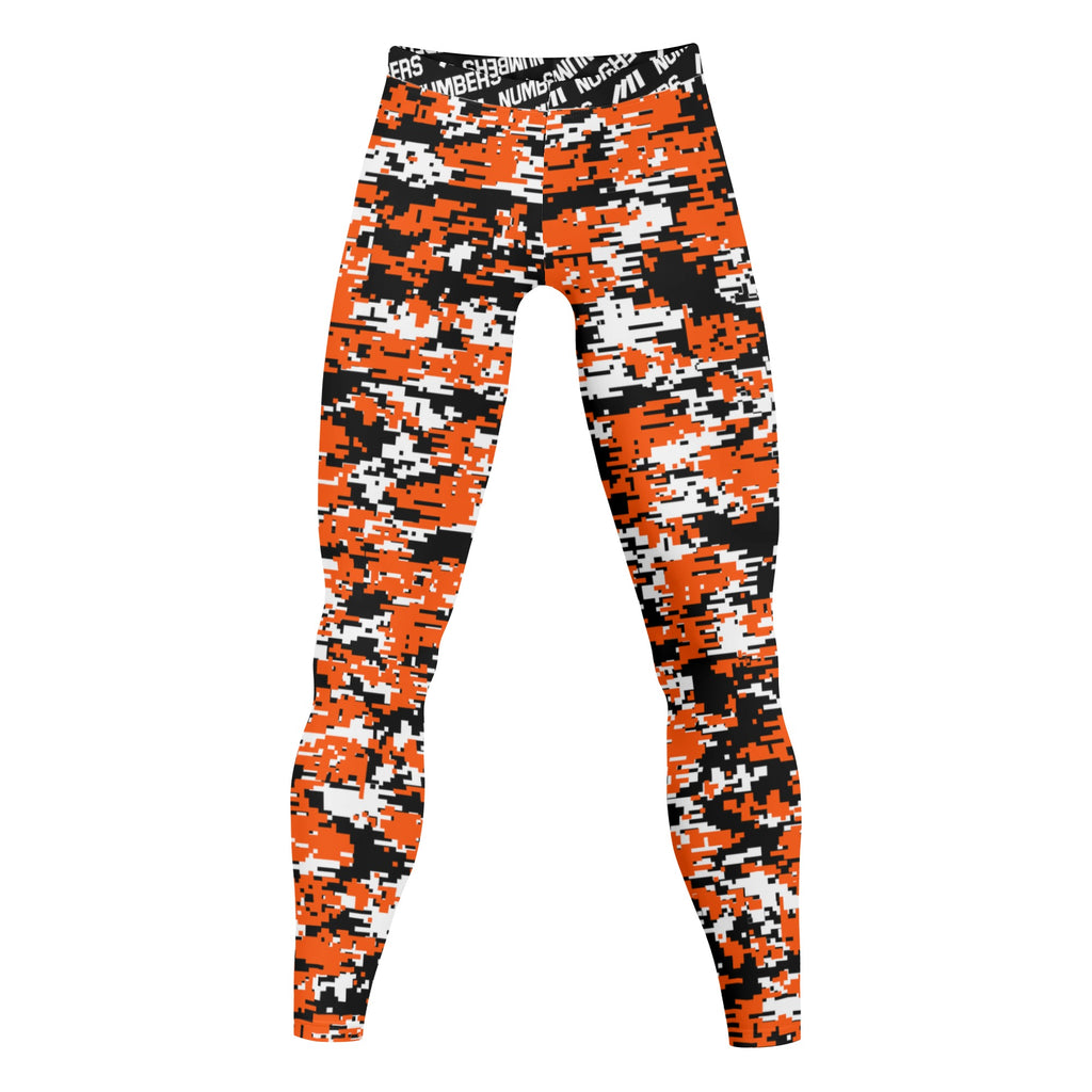Athletic sports compression tights for youth and adult football, basketball, running, track, etc printed with digicamo black, orange, white San Francisco Giants colors