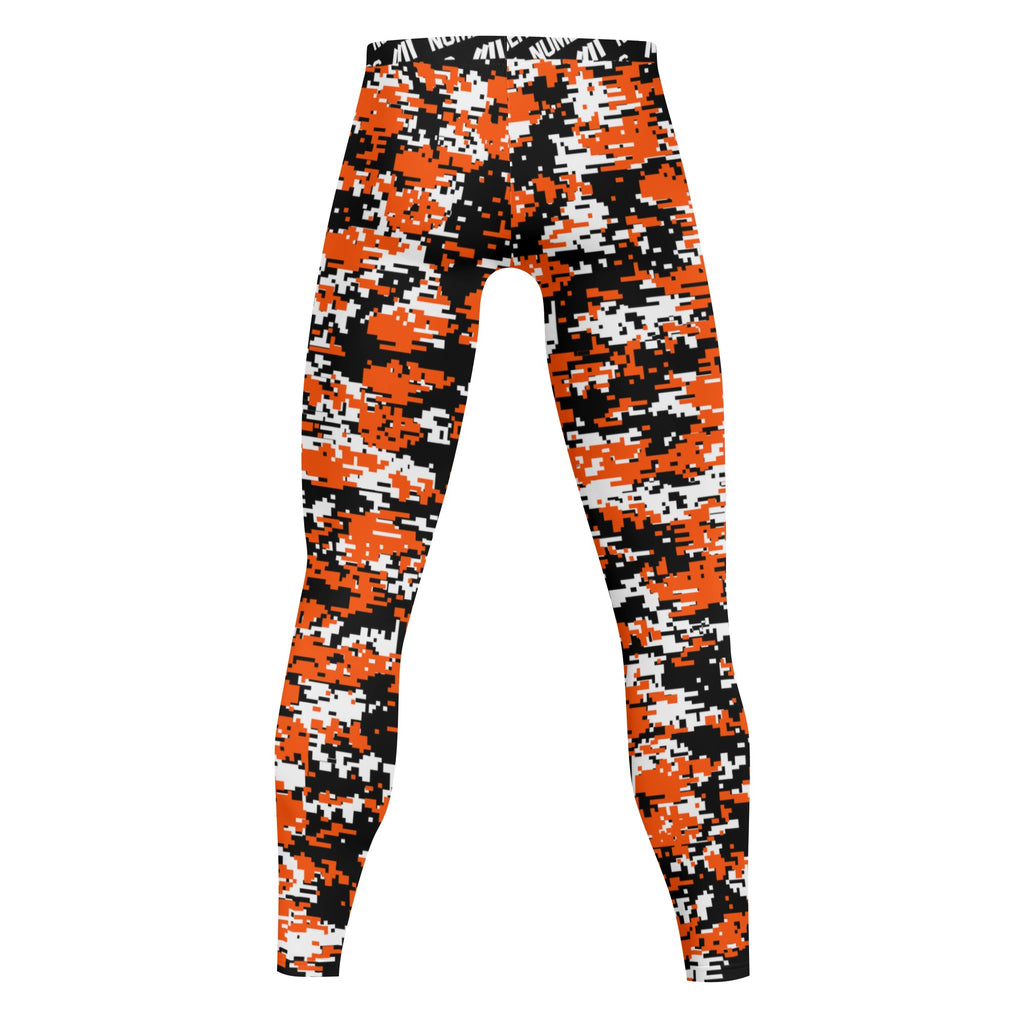 Athletic sports compression tights for youth and adult football, basketball, running, track, etc printed with digicamo black, orange, white Cincinnati Bengals colors