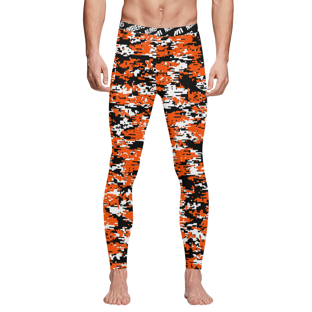 Athletic sports compression tights for youth and adult football, basketball, running, track, etc printed with digicamo black, orange, white Cincinnati Bengals colors