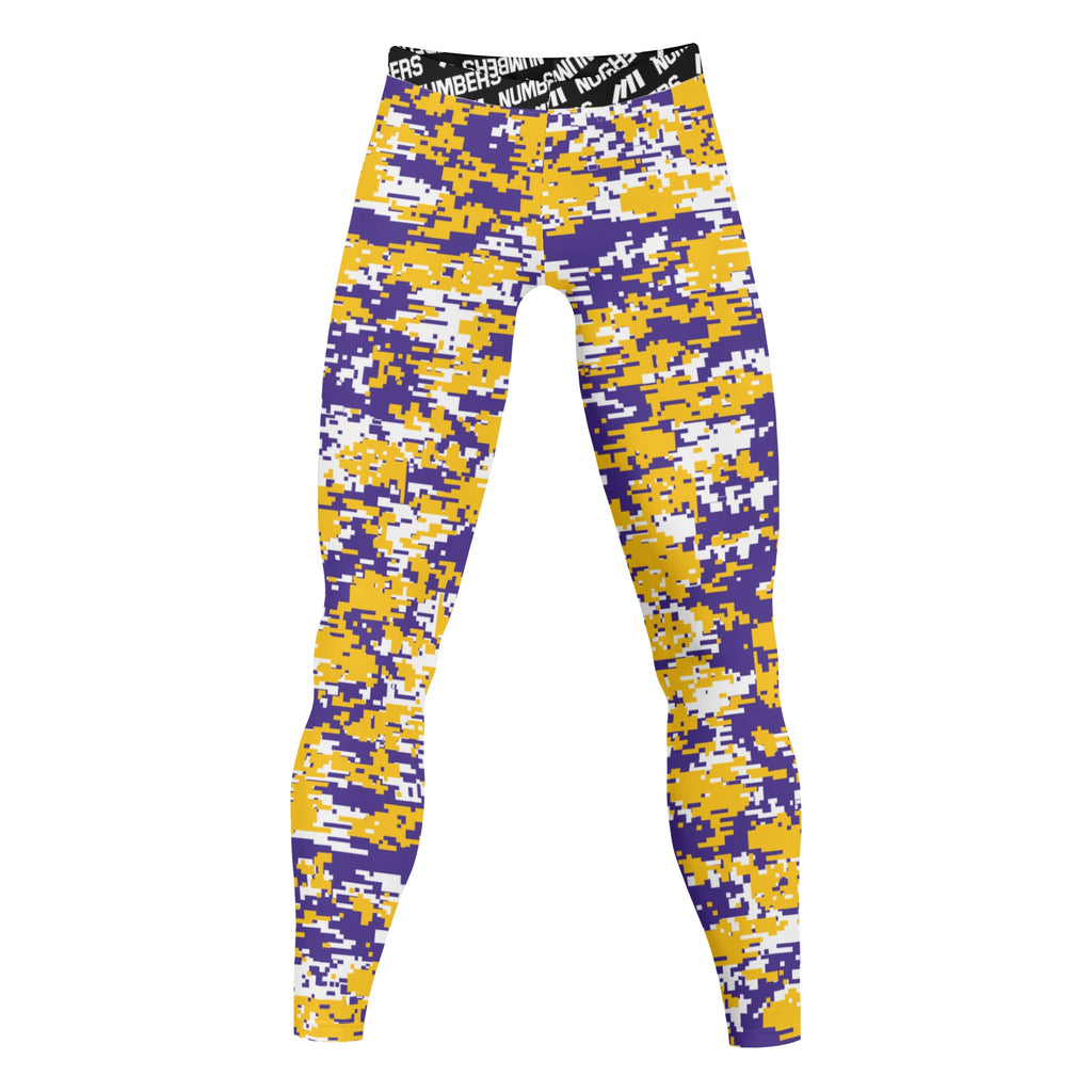 Athletic sports compression tights for youth and adult football, basketball, running, track, etc printed with digicamo purple, yellow, white Minnesota Vikings colors