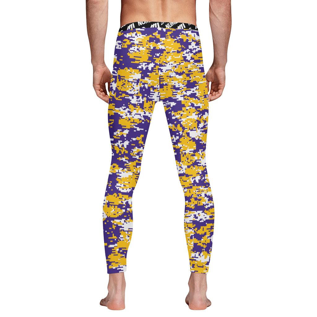 Athletic sports compression tights for youth and adult football, basketball, running, track, etc printed with digicamo purple, yellow, white LSU Tigers colors