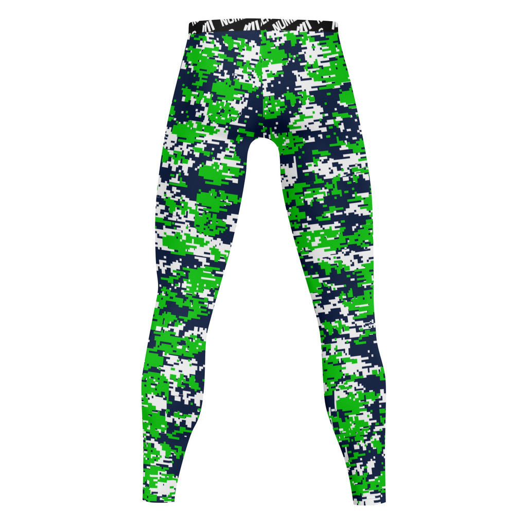 Athletic sports compression tights for youth and adult football, basketball, running, track, etc printed with digicamo green, navy blue, and white Seattle Seahawks colors