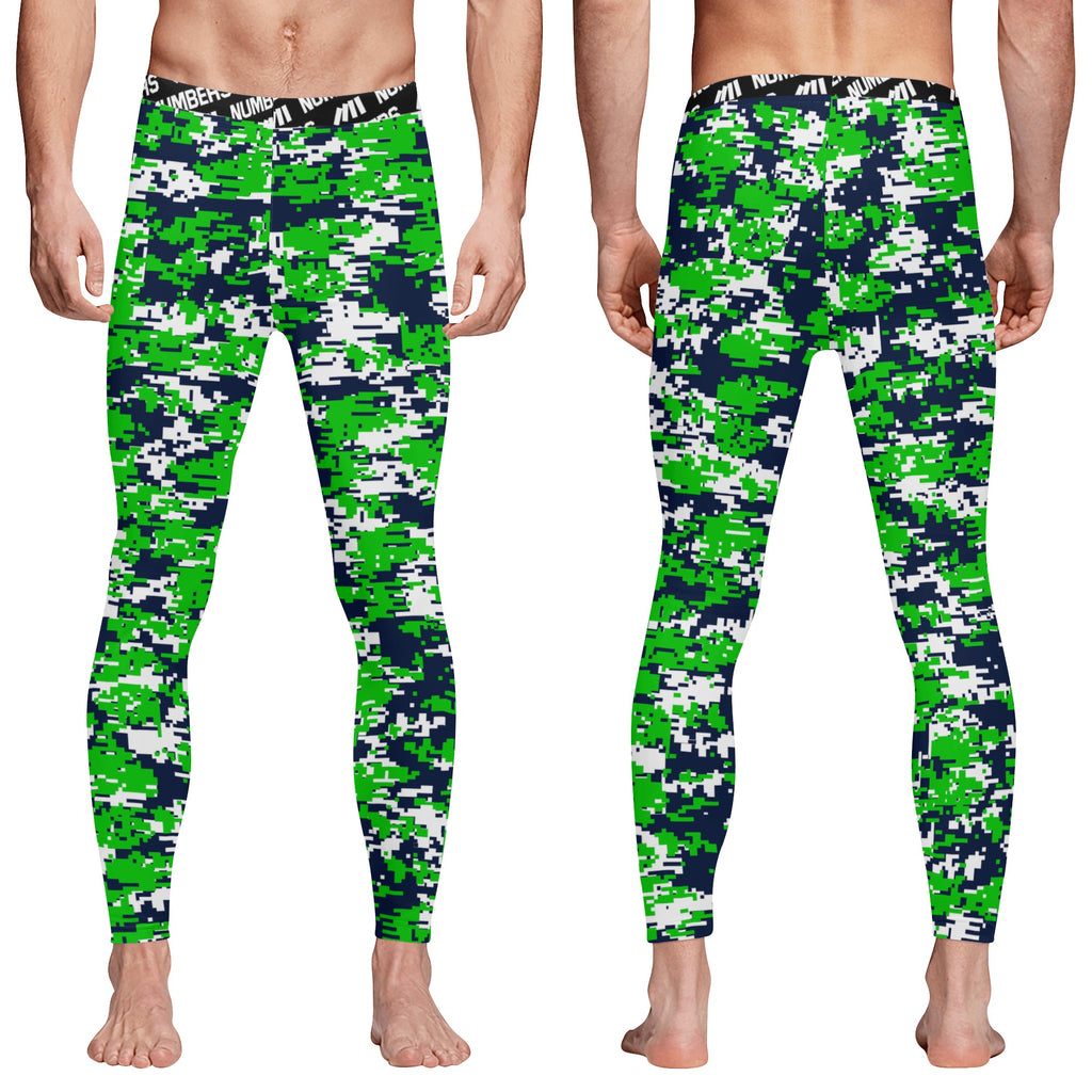 Athletic sports compression tights for youth and adult football, basketball, running, track, etc printed with digicamo green, navy blue, and white Seattle Seahawks colors