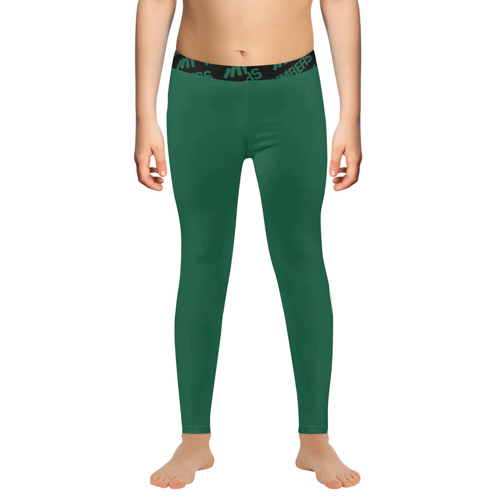 Athletic sports unisex compression tights for girls and boys flag football, tackle football, basketball, track, running, training, gym workout etc printed in forest green