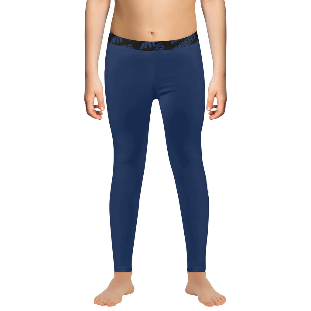 Athletic sports unisex compression tights for girls and boys flag football, tackle football, basketball, track, running, training, gym workout etc printed in navy blue