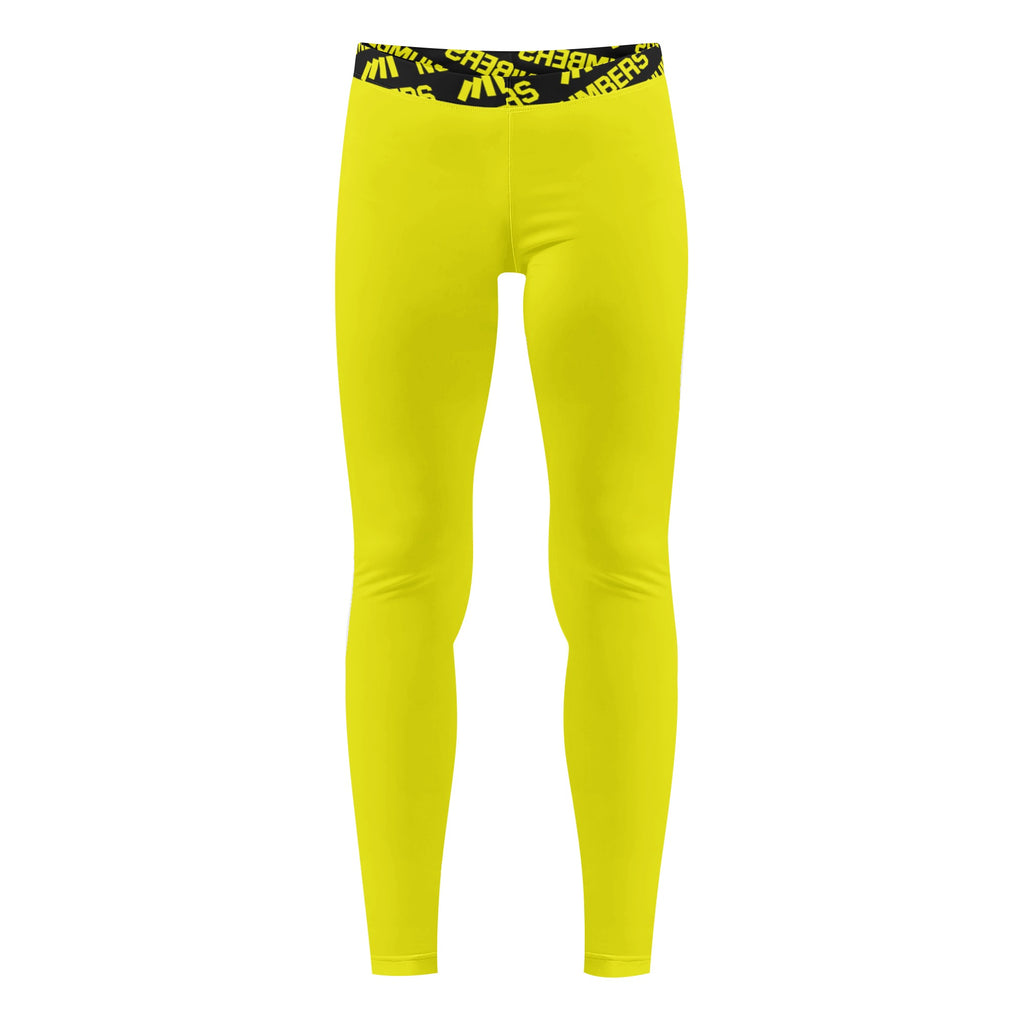 Athletic sports unisex compression tights for girls and boys flag football, tackle football, basketball, track, running, training, gym workout etc printed in fluorescent yellow