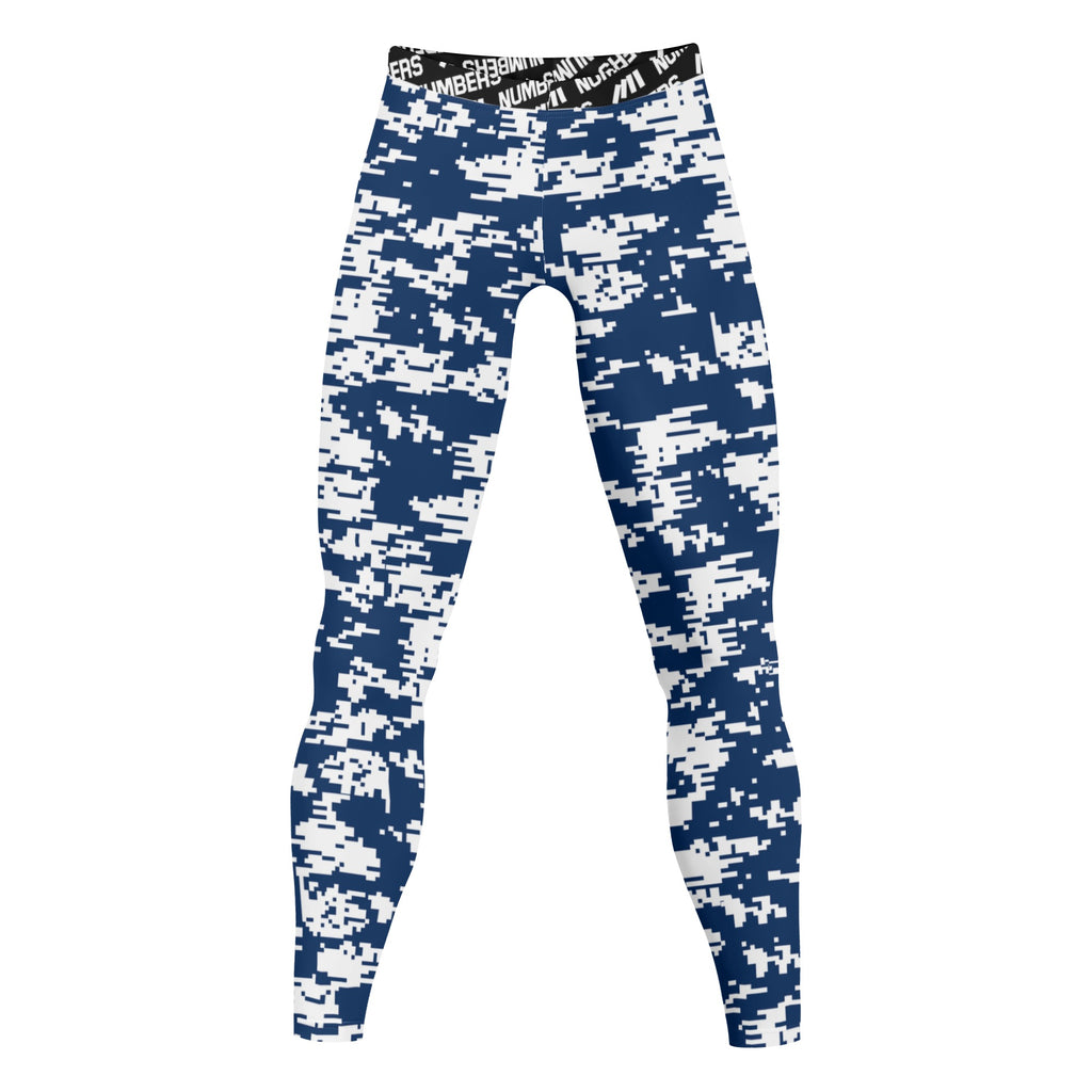 Athletic sports compression tights for youth and adult football, basketball, running, track, etc printed with digicamo navy blue and white BYU Cougars colors