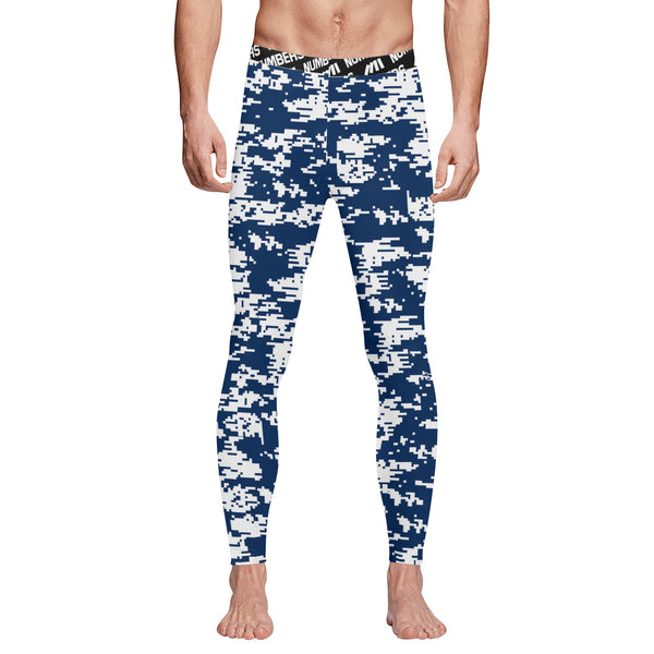 Athletic sports compression tights for youth and adult football, basketball, running, track, etc printed with digicamo navy blue and white Butler Bulldogs colors