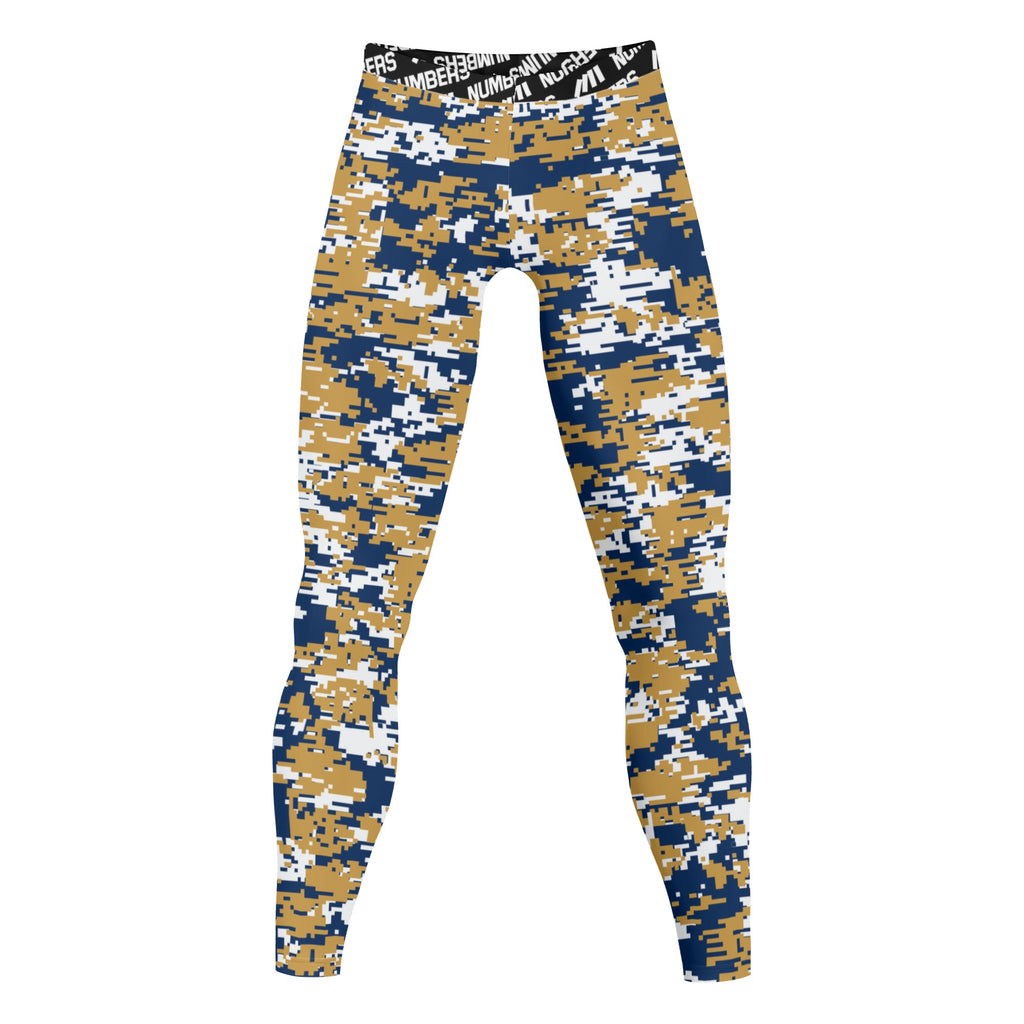 Athletic sports compression tights for youth and adult football, basketball, running, track, etc printed with digicamo navy blue, gold, white Milwaukee Brewers colors