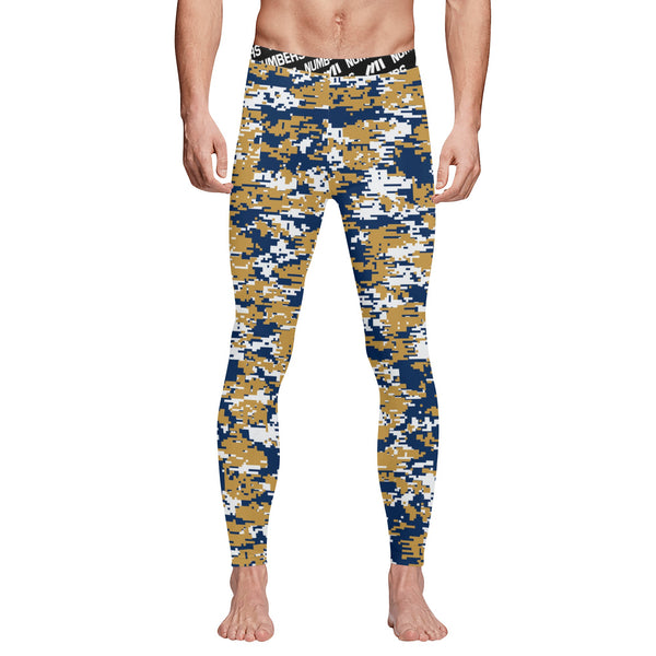 Athletic sports compression tights for youth and adult football, basketball, running, track, etc printed with digicamo navy blue, gold, white Milwaukee Brewers colors