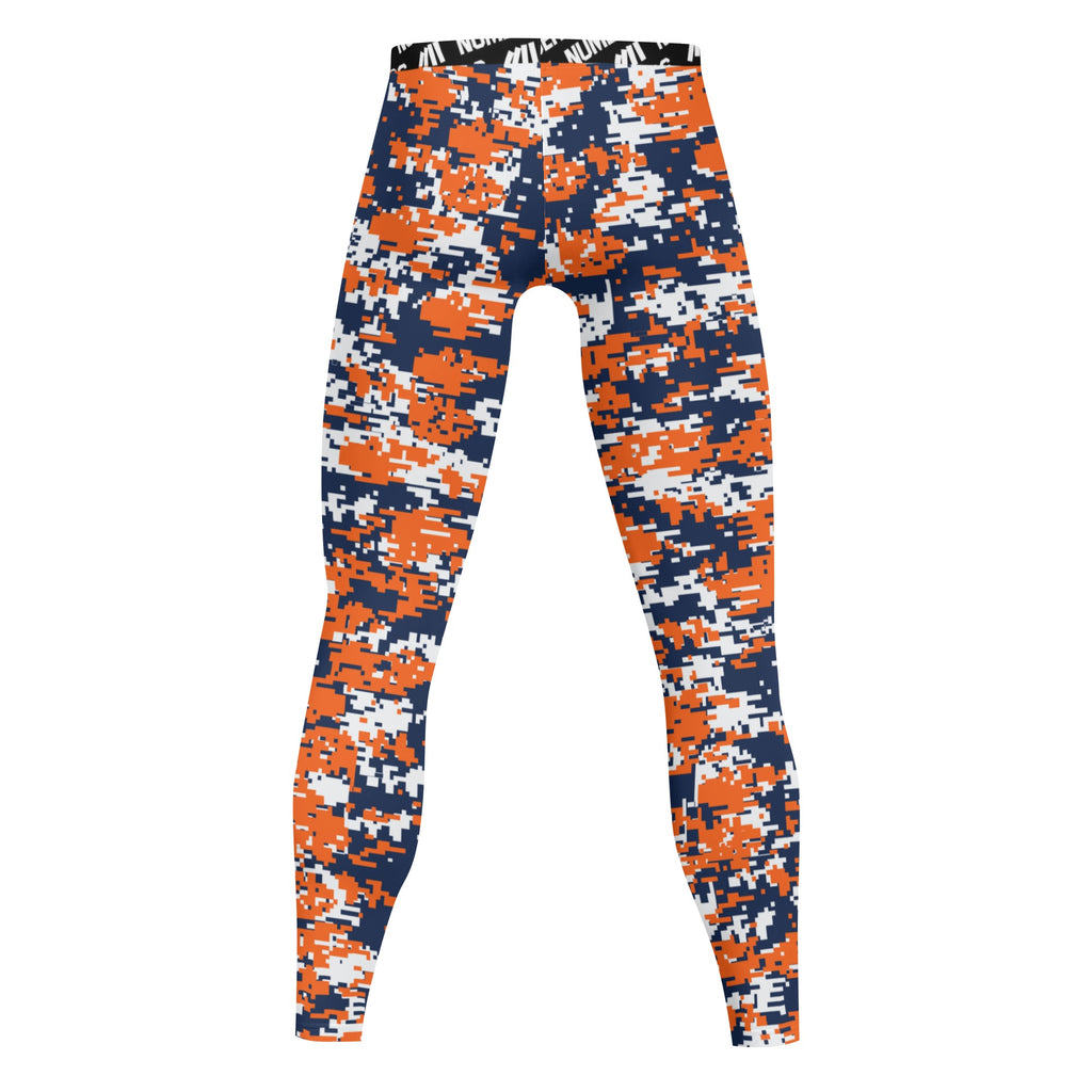 Athletic sports compression tights for youth and adult football, basketball, running, track, etc printed with digicamo navy blue, orange, white Denver Broncos colors