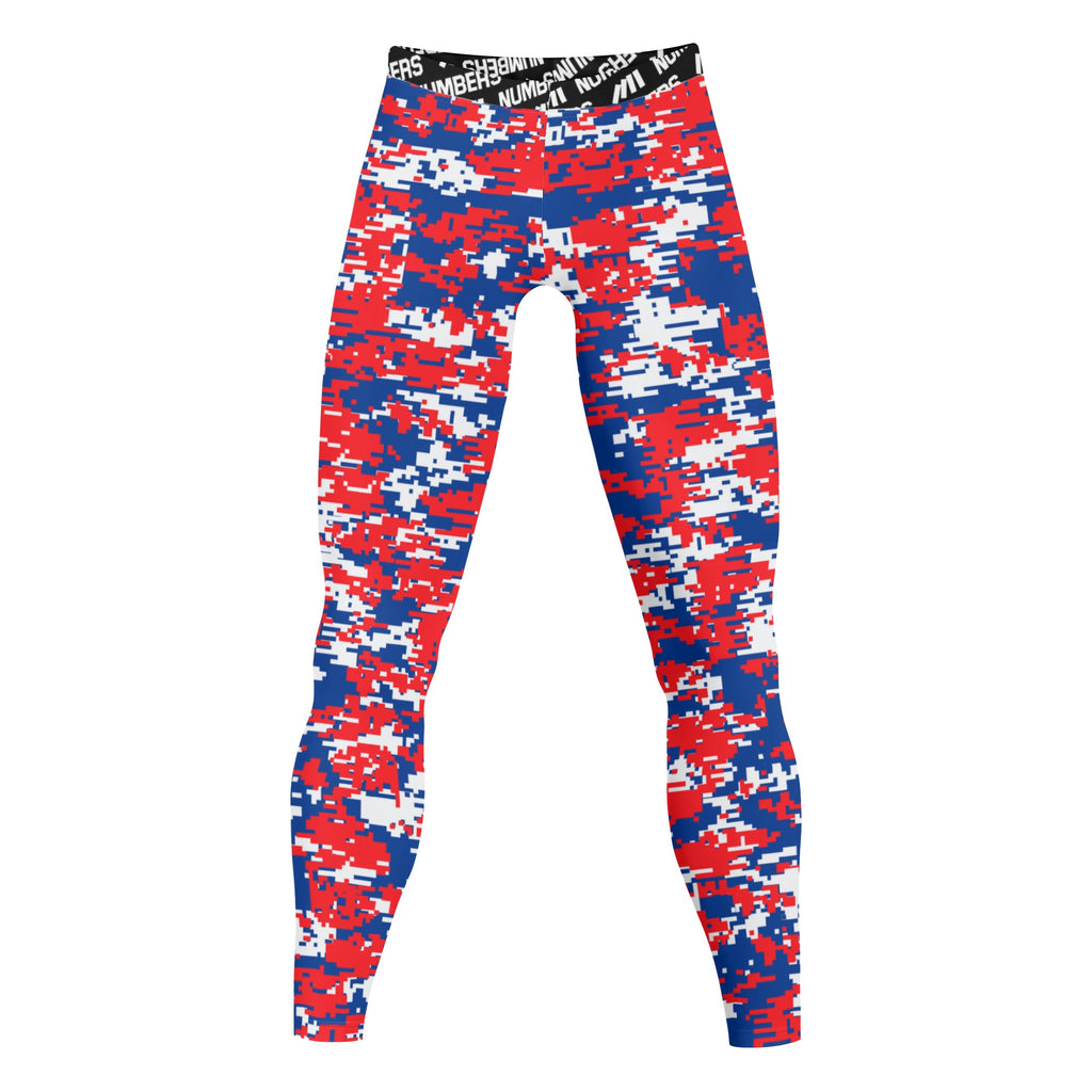 Athletic sports compression tights for youth and adult football, basketball, running, track, etc printed with digicamo red, white, blue Philadelphia Phillies colors