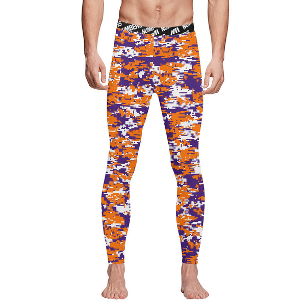 Athletic sports compression tights for youth and adult football, basketball, running, track, etc printed with digicamo orange, purple, white Phoenix Suns colors