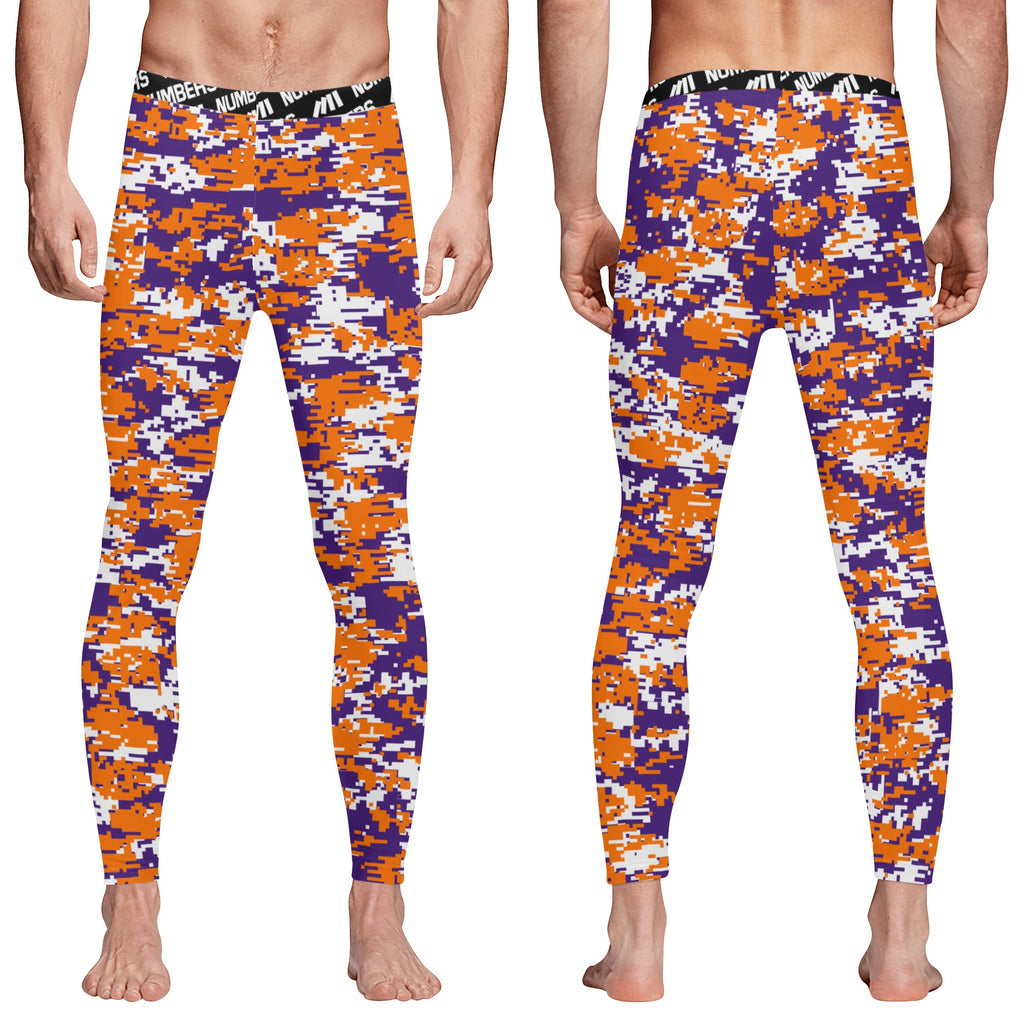 Athletic sports compression tights for youth and adult football, basketball, running, track, etc printed with digicamo orange, purple, white Clemson Tigers colors