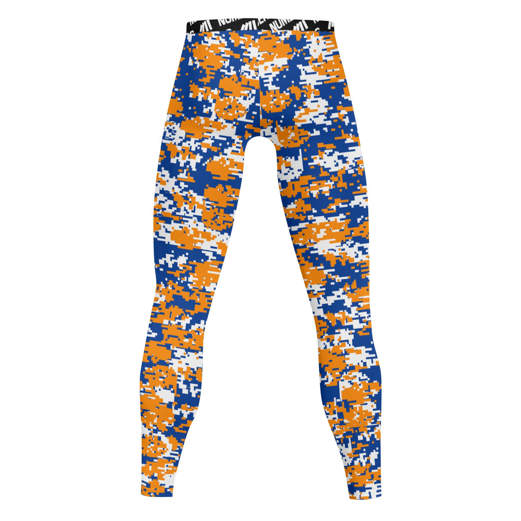 Athletic sports compression tights for youth and adult football, basketball, running, track, etc printed with digicamo blue, orange, white Boise State Broncos colors