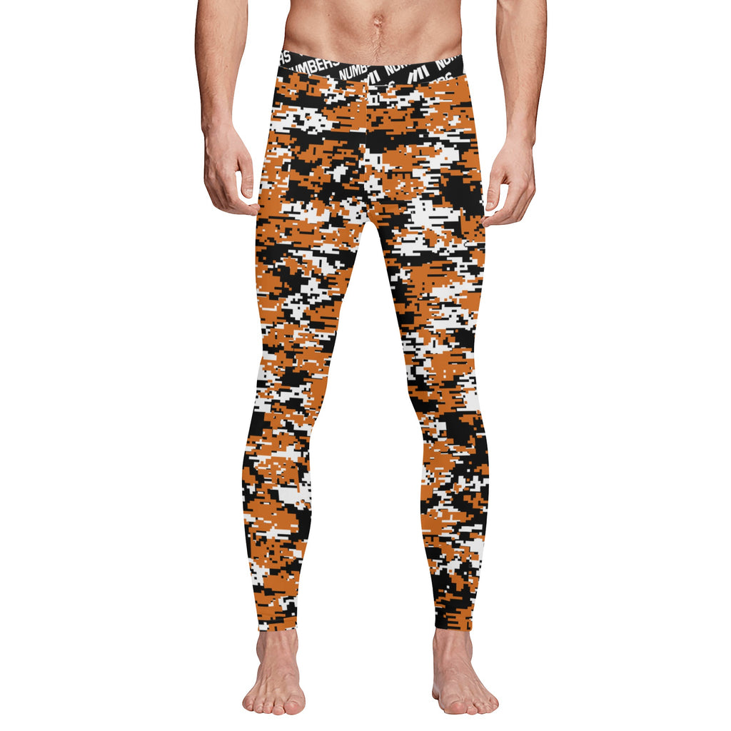 Athletic sports compression tights for youth and adult football, basketball, running, track, etc printed with digicamo burnt orange, black, white Texas Longhorns colors