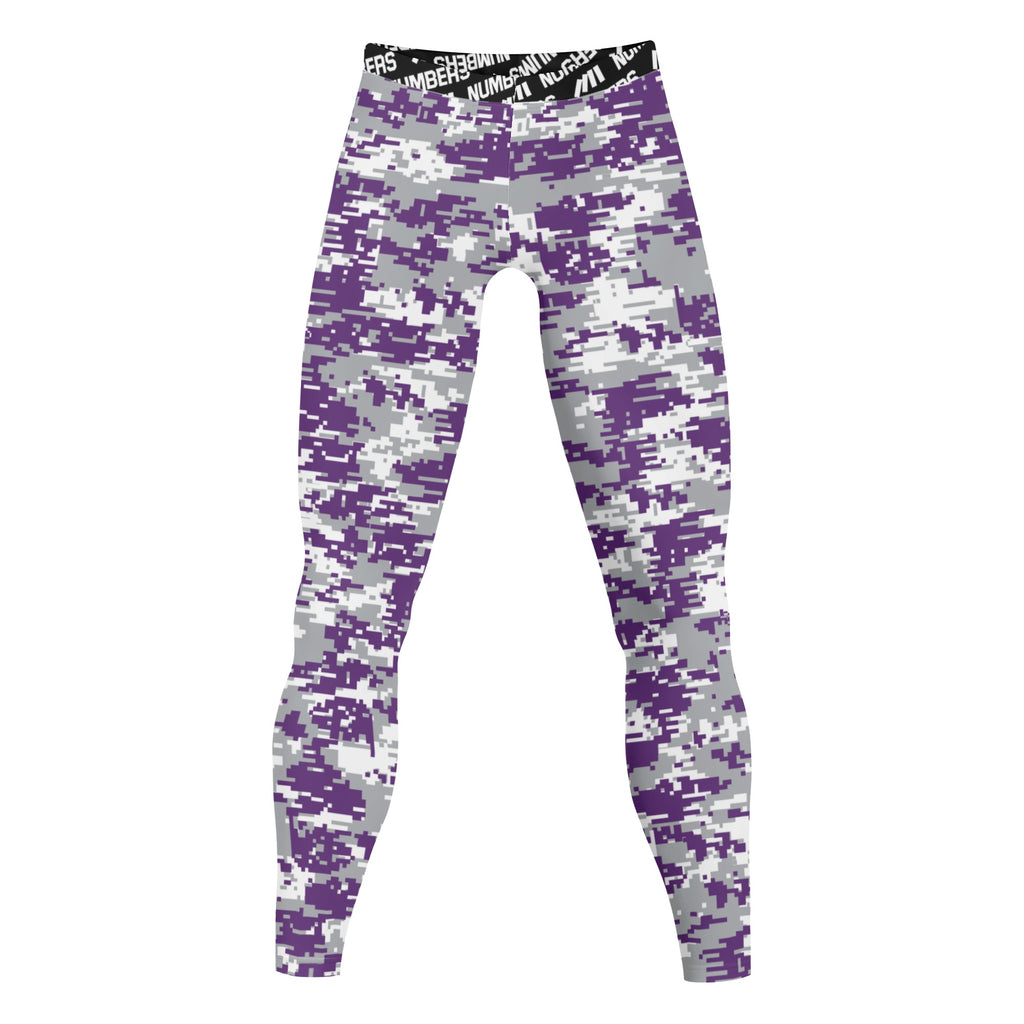 Athletic sports compression tights for youth and adult football, basketball, running, track, etc printed with digicamo purple, white, gray Sacramento Kings colors