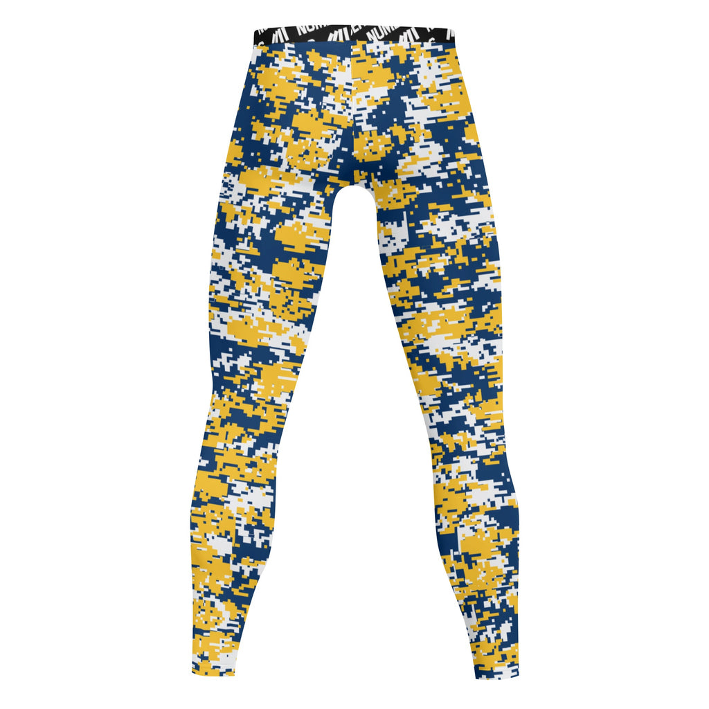 Athletic sports compression tights for youth and adult football, basketball, running, track, etc printed with digicamo navy blue, yellow, white Indiana Pacers colors