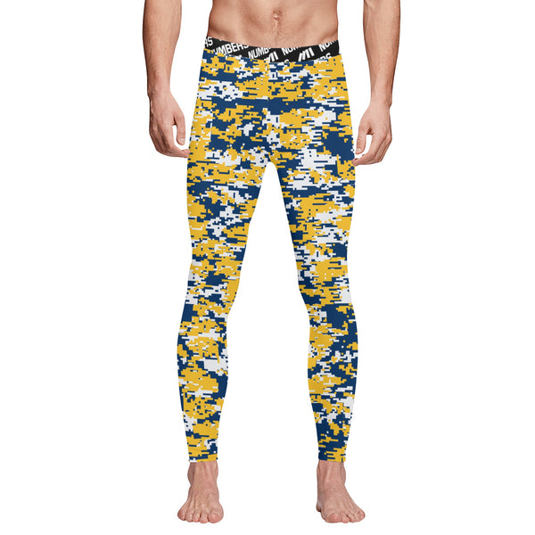 Athletic sports compression tights for youth and adult football, basketball, running, track, etc printed with digicamo navy blue, yellow, white Indiana Pacers colors