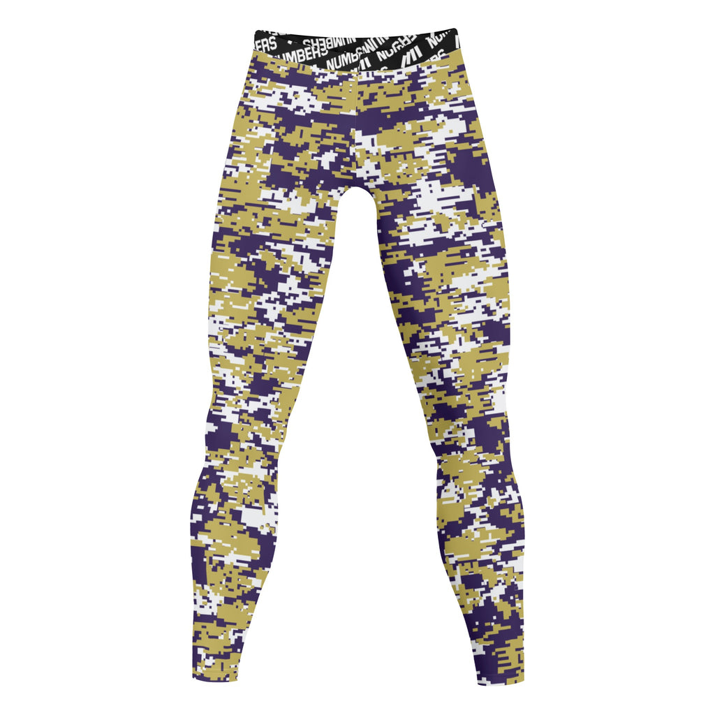 Athletic sports compression tights for youth and adult football, basketball, running, track, etc printed with digicamo purple, gold, white Washington Huskies colors