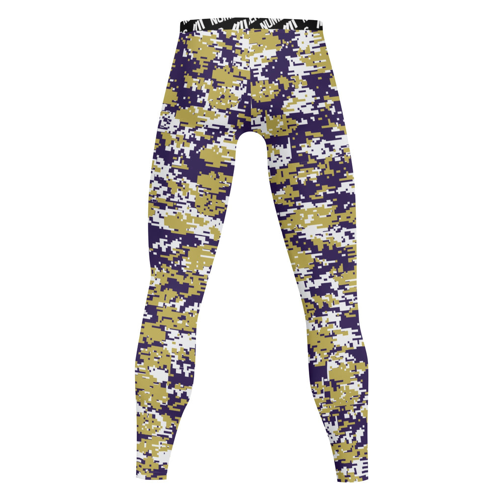 Athletic sports compression tights for youth and adult football, basketball, running, track, etc printed with digicamo purple, gold, white Washington Huskies colors