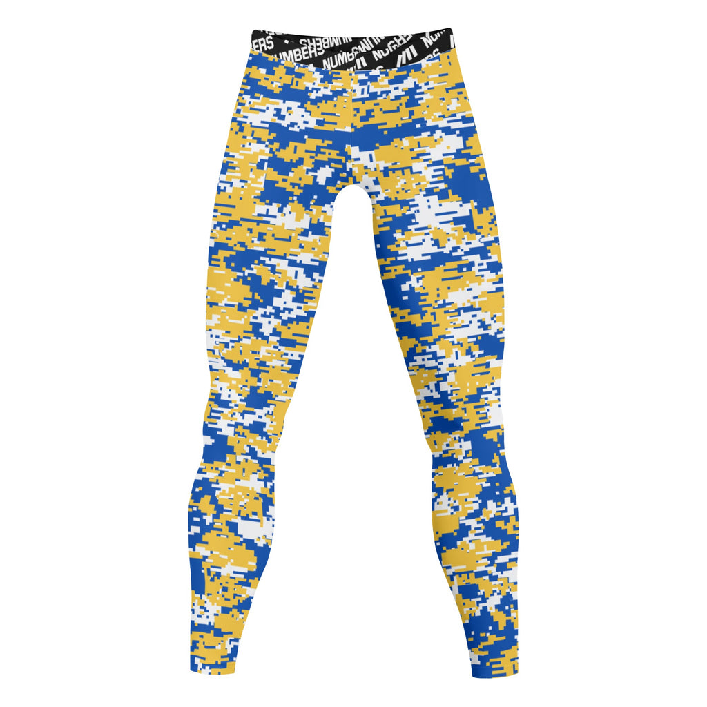 Athletic sports compression tights for youth and adult football, basketball, running, track, etc printed with digicamo blue, yellow, white Golden State Warriors colors