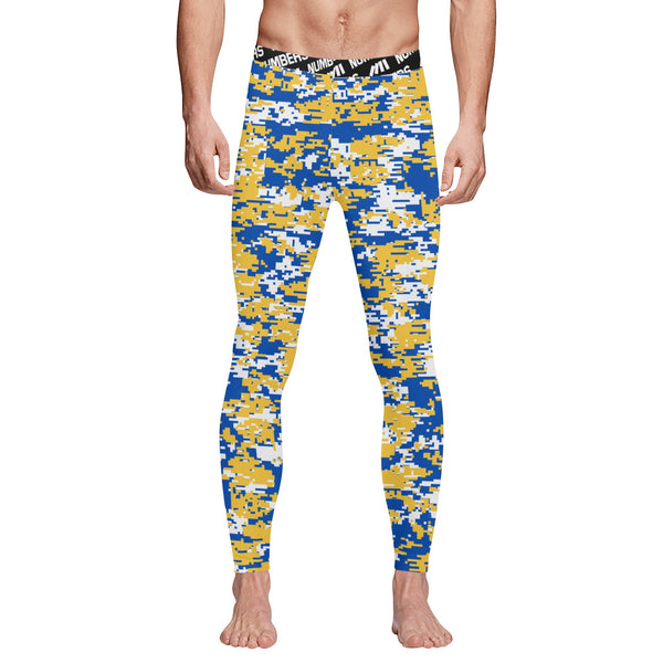 Athletic sports compression tights for youth and adult football, basketball, running, track, etc printed with digicamo blue, yellow, white Golden State Warriors colors