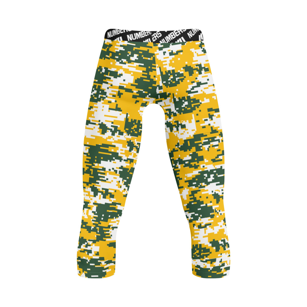 Athletic sports compression tights for youth and adult football, basketball, running, etc printed with green, white, yellow Green Bay Packers colors