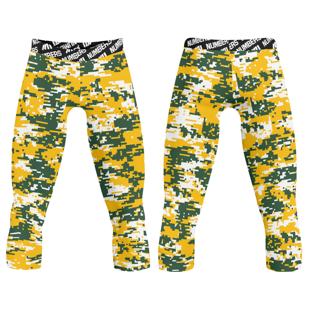 Athletic sports compression tights for youth and adult football, basketball, running, etc printed with green, white, yellow Green Bay Packers colors