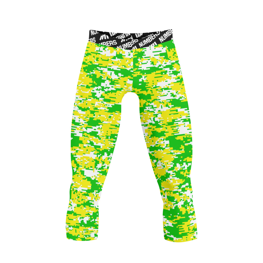 Athletic sports compression tights for youth and adult football, basketball, running, etc printed with fluorescent green, yellow, white Oregon Ducks colors