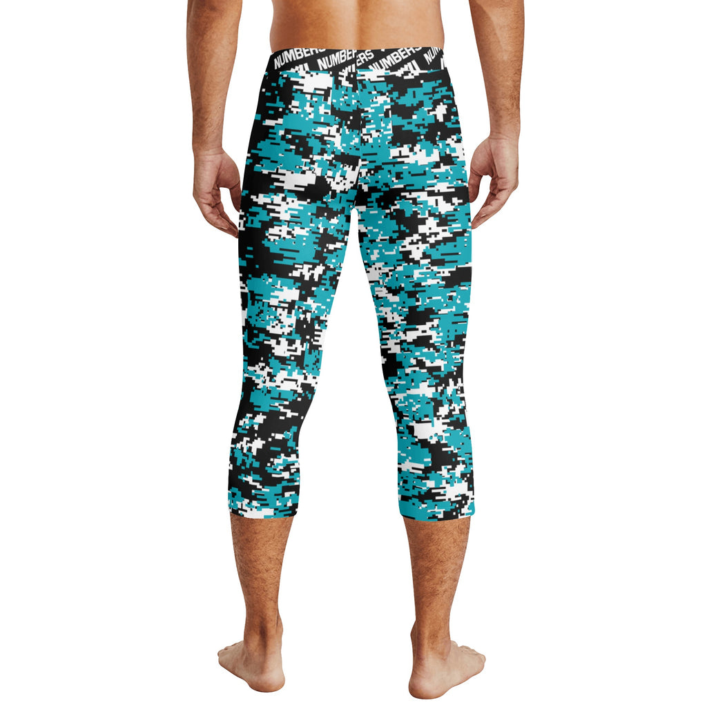 Athletic sports compression tights for youth and adult football, basketball, running, etc printed with turquoise, white, black San Jose Sharks colors